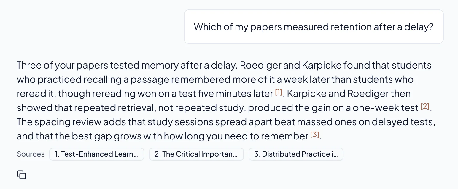 An answer in Relic AI that cites three saved papers by number